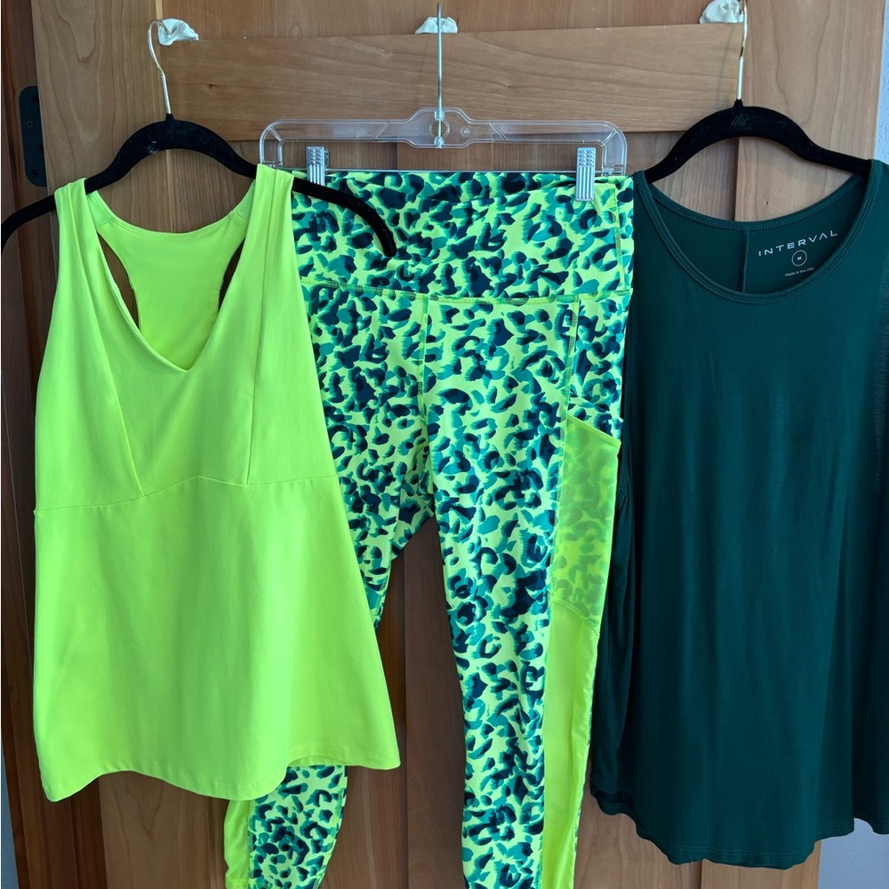 Fabletics Neon Yellow Activewear Set with Green Leopard Powerhold Leggings